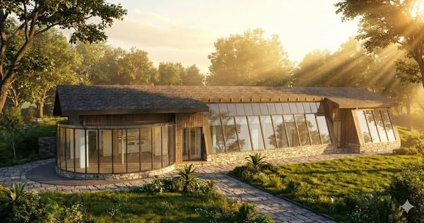 Dom o organicznej formie z kamiennym cokołem