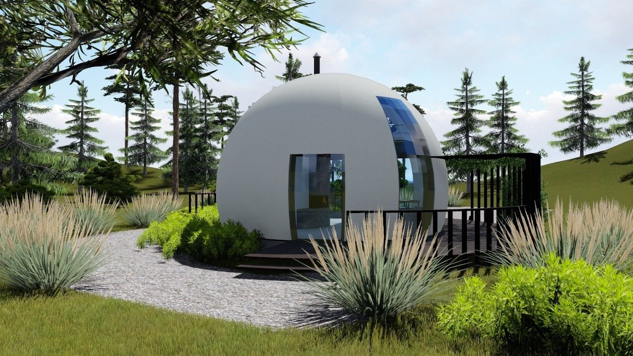 Wizualizacja białego domu kopułowego pośród zieleni